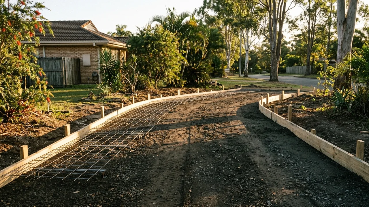 Brisbane concreting context shot for "How thick does a residential concrete driveway actually need to be?"
