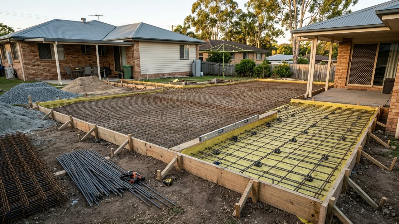 Brisbane concreting context shot for "Steel mesh versus reo bar: which reinforcement does your slab actually need?"