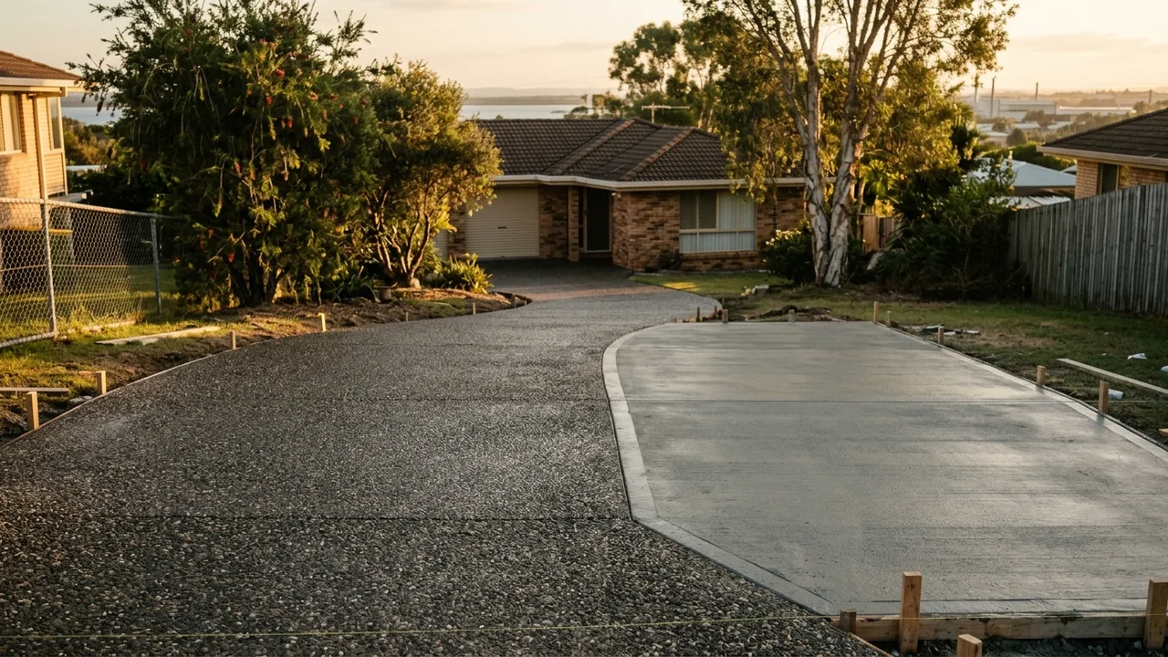Brisbane concreting context shot for "Exposed aggregate or plain concrete: which one suits a Bayside home?"